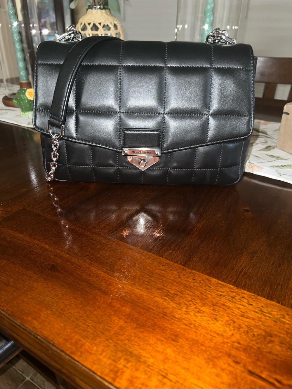 Michael Kors XL SoHo Quilted Black Shoulder Bag with silver Chain Strap